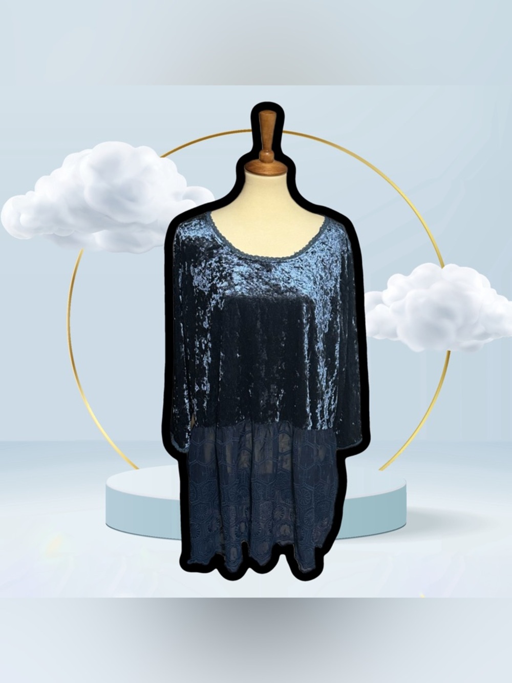 🌈 Lovely Velvet and Lace Blue Tunic Top